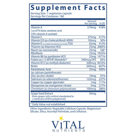 Vital Nutrients - Minimal and Essential - One a Day Multivitamin/Mineral and Antioxidant Formula - 180 Vegetarian Capsules