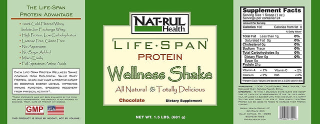 Whey Protein Wellness Shake by Life Span - Chocolate - Net Wt 1.5 Lbs.