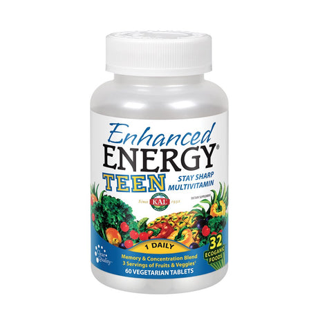 KAL Enhanced Energy Multivitamin for Teens | Memory & Concentration Blend | Equates to 3 Servings of Fruits & Veggies | 32 Ecoganic Foods | 60 Tablets