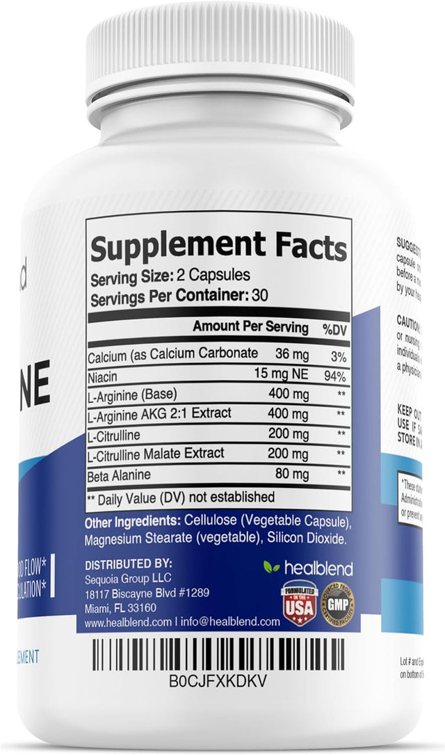 Healblend L Arginine plus Capsules - Blood Circulation Supplements with L-Citrulline, Calcium, Niacin & Beta Alanine for Natural Energy, Increase Blood Flow - 2 Pack