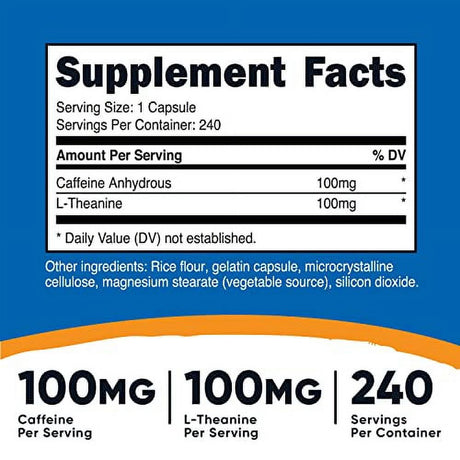 Nutricost Caffeine with L-Theanine, 100Mg of Each, 240 Capsules, 240 Servings - Non-Gmo and Gluten Free