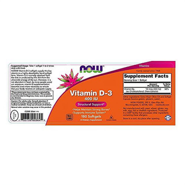 NOW Supplements, Vitamin D-3 400 IU, Strong Bones*, Structural Support*, 180 Softgels