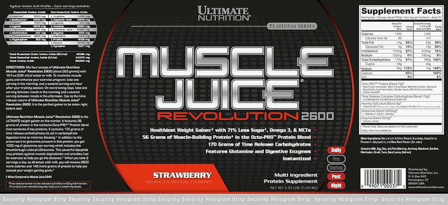 Ultimate Nutrition Muscle Juice Revolution 2600, Lean Muscle Mass Gainer Protein Powder with Glutamine, Whey Protein Isolate for Weight Gain, Time Release Carbohydrates, 11.1 Pounds, Strawberry