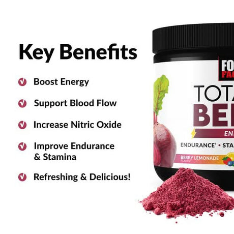 Total Beets Energy Drink Mix, Superfood Beet Root Powder with Nitrates to Boost Energy and Support Circulation, Blood Flow, Nitric Oxide and Stamina, Heart Health Supplement, Force Factor, 30 Servings