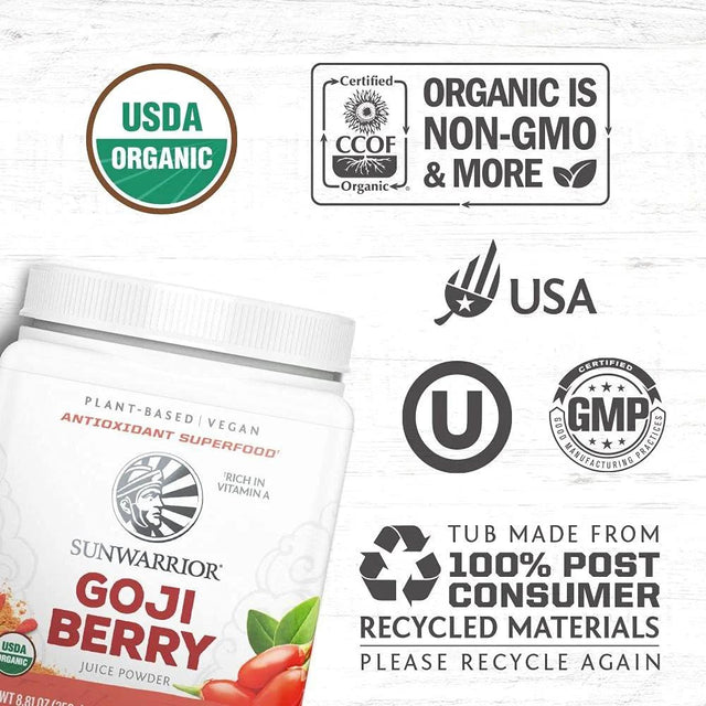 Sunwarrior Organic Goji Berry Supplement | Plant Based Superfood Powder with Vitamin A, 250G