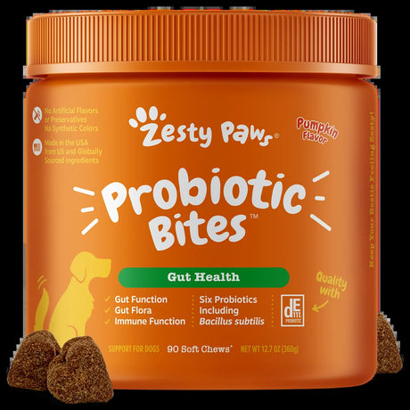 Zesty Paws Probiotic Bites Soft Chews, Digestive Probiotics for Gut Flora & Immune Support, Functional Digestive Health Dog Supplement, Pumpkin Flavor, 90 Count