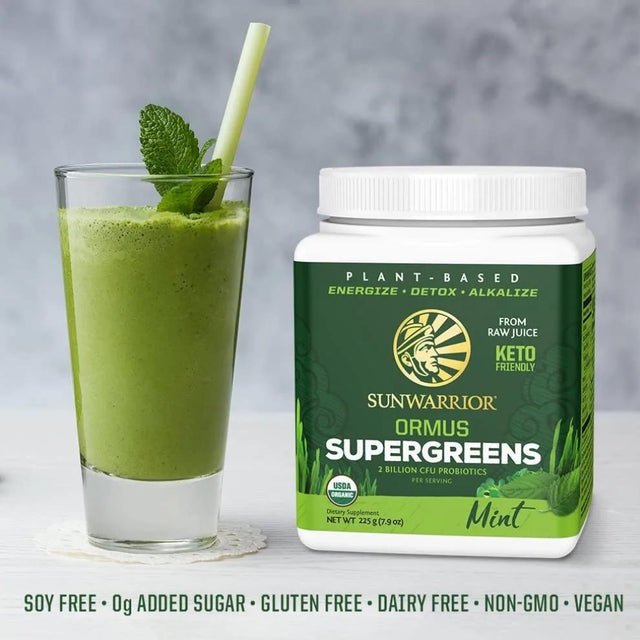 Sunwarrior Ormus Supergreen | Organic Probiotic Powder, Mint, 225G