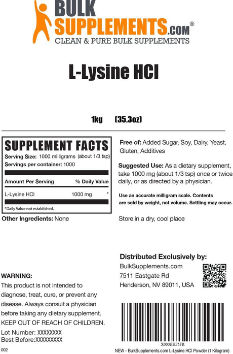 BULKSUPPLEMENTS.COM L-Lysine Powder - L-Lysine Hcl - Lysine Supplement - Lysine Powder - L-Lysine 1000Mg - Immune Support - 1000Mg per Serving, 1000 Servings (1 Kilogram - 2.2 Lbs)