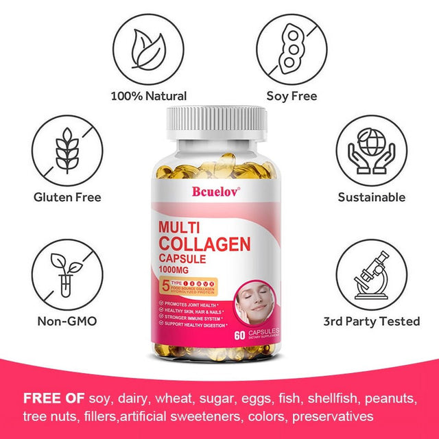 Bcuelov Collagen Complex Types I, II, III, V & X - Contains Pure Hydrolyzed Marine Collagen Peptides - for Skin, Nails, Hair, Gut, Joint Health