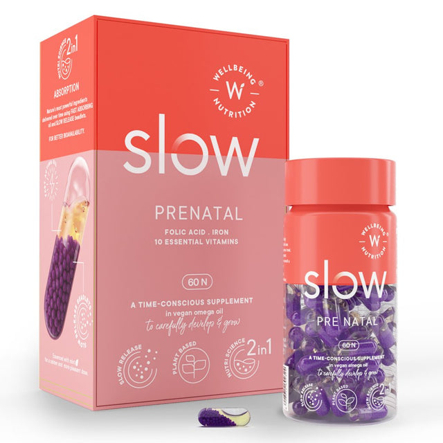 Wellbeing Nutrition Slow | Prenatal | Plant-Based Pregnancy Multivitamin | Iron, Folic Acid and 13 Essential Nutrients in Vegan Omega 3 DHA | Supports Mother'S Health & Fetal Development (60 Capsules)