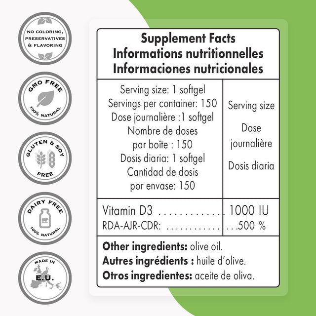 Supersmart - Vitamin D3 1000 IU per Day (Cholecalciferol) - Calcium & Immune Support - Bones & Joint Supplement | Non-Gmo & Gluten Free - 150 Softgels