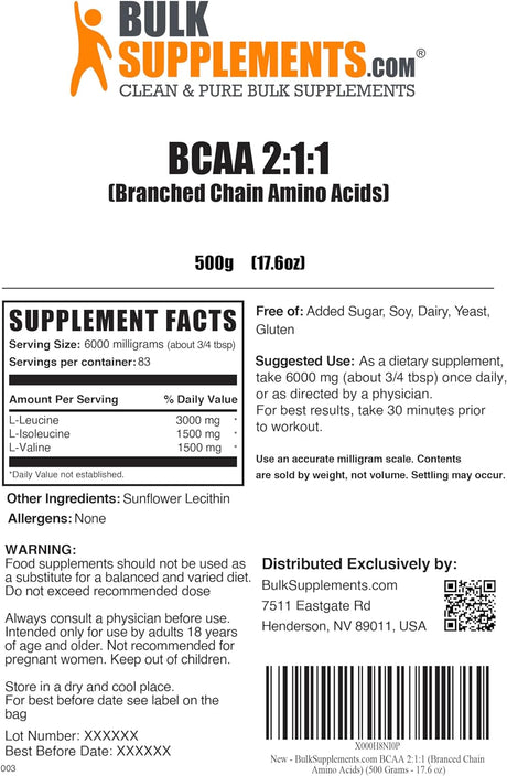 BULKSUPPLEMENTS.COM BCAA 2:1:1 Powder - Branched Chain Amino Acids. BCAA Powder, Bcaas Amino Acids Powder - Unflavored & Gluten Free, 6000Mg per Serving - 83 Servings, 500G (1.1 Lbs)