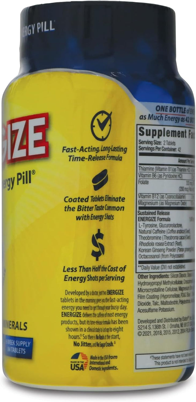 Energize Caffeine Pills, Fast Acting All Day Energy Pills & Natural Nootropics Support Supplement with Time Release Caffeine, Energy Support for Men and Women, No Jitters, No Crash (84 Tablets)