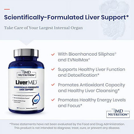 1MD Livermd - Liver Support Supplement | Siliphos Milk Thistle Extract - Highly Bioavailable, for Liver Support | 60 Capsules