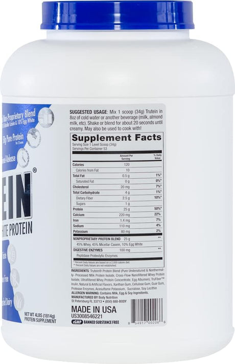 Body Nutrition, Trutein Protein Powder, Breakfast Shake, Meal Replacement, and Pre and Post Workout Recovery Drink Mix, 25 Grams of Protein, Vanilla Bean, 4 Pounds