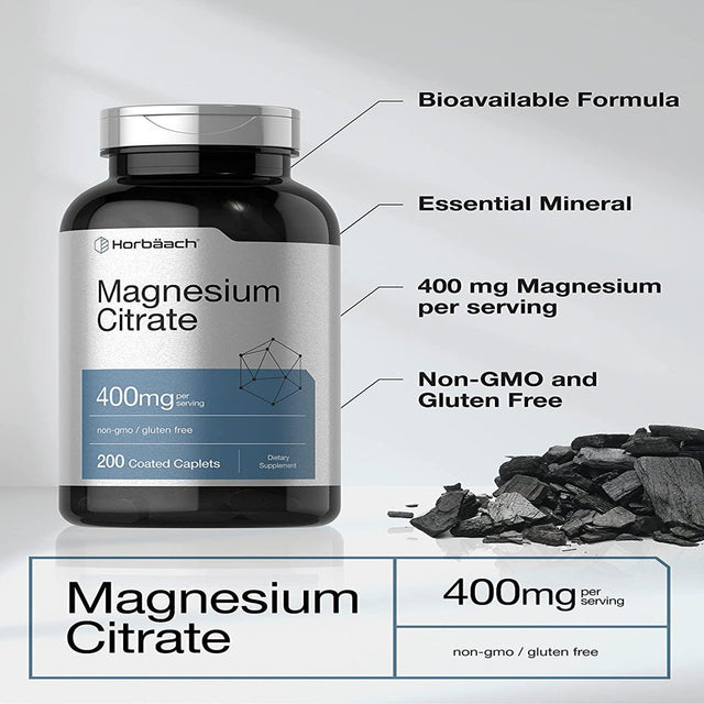 Magnesium Citrate | 400Mg | 200 Caplets | Vegetarian Formula | by Horbaach