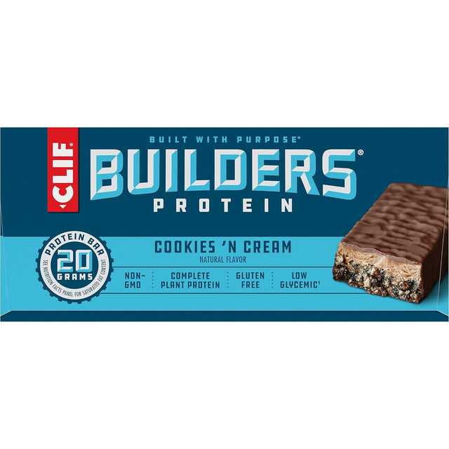 CLIF Builders - Cookies 'N Cream Flavor - Protein Bars - Gluten-Free - Non-Gmo - Low Glycemic - 20G Protein - 2.4 Oz. (12 Count)