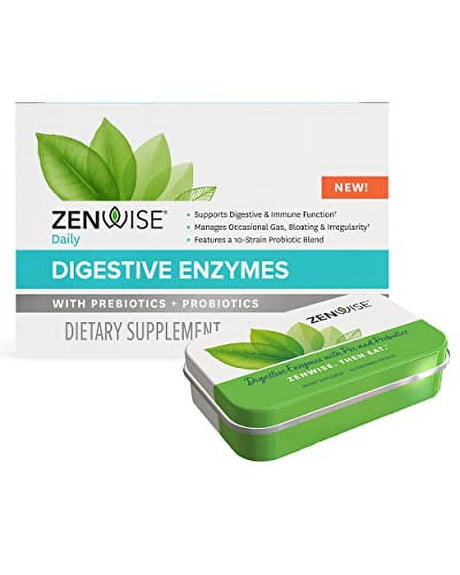 Zenwise Digestive Enzymes, plus Prebiotics & Probiotics Supplement, Travel Size, Daily Digestion + Immune Support, for Occasional Gas, Gut Bloating & Irregularity (30 Count Tin)