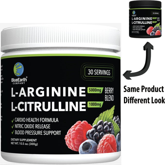 L-Arginine 5000Mg + L-Citrulline 1000Mg Complex Powder Supplement - Nitric Oxide Booster - Blood Pressure Support - Berry Flavored - 300G - Blueearth Company