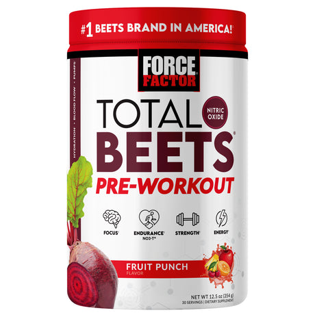 Force Factor Total Beets Pre-Workout Powder to Boost Energy & Endurance, Increase Strength, and Improve Blood Flow and Pumps, Nitric Oxide Supplement with Beet Root Powder, Fruit Punch, 30 Servings