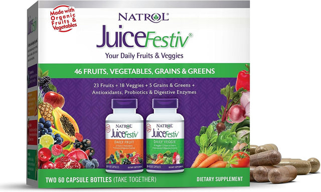 Natrol Juicefestiv Daily Fruit & Veggie with Selenoexcell and Whole-Food [Phyto] Nutrients, Dietary Supplement Supports Better Nutrition (& Overall Well-Being), 60 Capsules (Pack of 2), 30 Day Supply