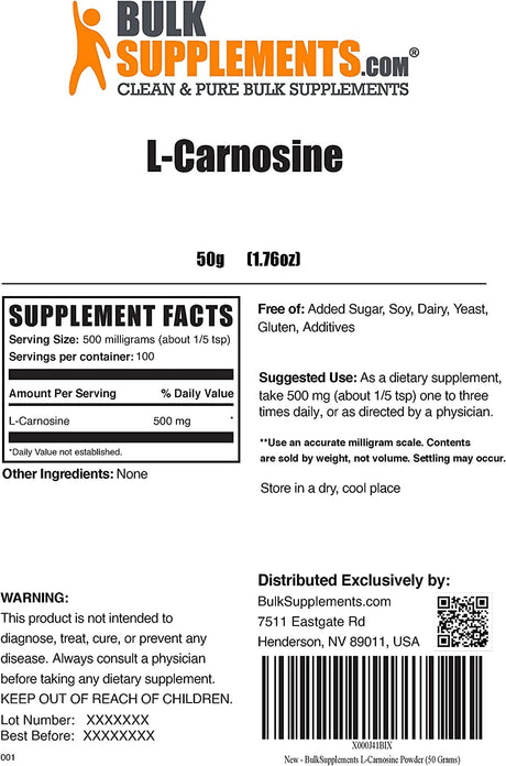 BULKSUPPLEMENTS.COM L-Carnosine Powder Eye Supplement - Carnosine Supplement (50 Grams - 1.8 Oz)