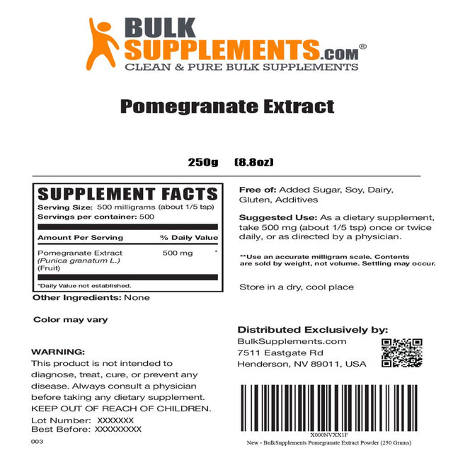 Bulksupplements.Com Pomegranate Extract Powder - Antioxidant Supplement - Immune System Booster - Polyphenols Supplement (250 Grams - 8.8 Oz)