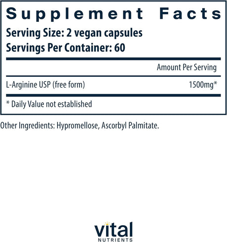 Vital Nutrients - Arginine - L-Arginine Amino Acid Support for Circulatory and Heart Health - 120 Vegetarian Capsules per Bottle - 1500 Mg