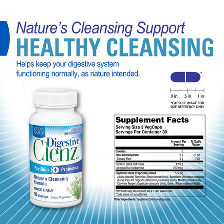 Body Gold Digestive Clenz | Healthy Detoxification, Elimination & Nutrient Absorption Support | 30 Servings, 90 Vegcaps