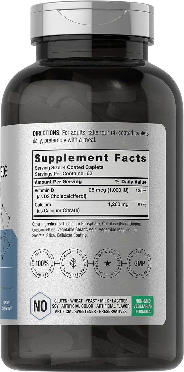 Calcium Citrate 1260 Mg & D3 1000IU | 250 Caplets | Vegetarian Formula | by Horbaach