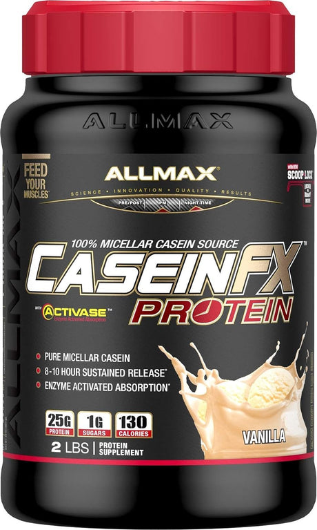 ALLMAX CASEIN-FX Protein, Vanilla - 2 Lb - 25 Grams of Slow-Release Protein per Scoop - Low Carb & Zero Added Sugar - Approx. 27 Servings