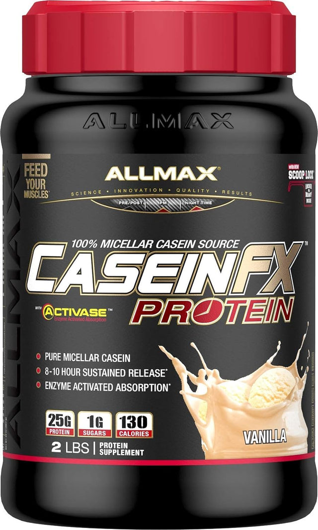 ALLMAX CASEIN-FX Protein, Vanilla - 2 Lb - 25 Grams of Slow-Release Protein per Scoop - Low Carb & Zero Added Sugar - Approx. 27 Servings