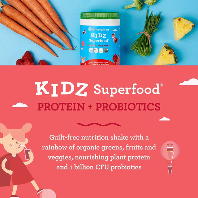 Amazing Grass Kidz Superfood: Vegan Protein Probiotics for Kids with Beet Root Powder 1/2 Cup of Leafy Greens, Strawberry Blast, 15 Servings