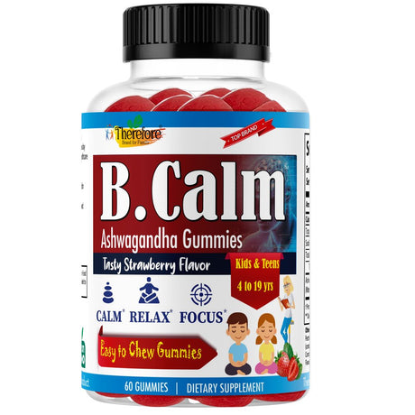 B.Calm Brain Focus Gummies for Kids with Ashwagandha Root Extract, Children Brain Supplement, Heart and Vision Support, Tasty Fruity Flavored 60Ct