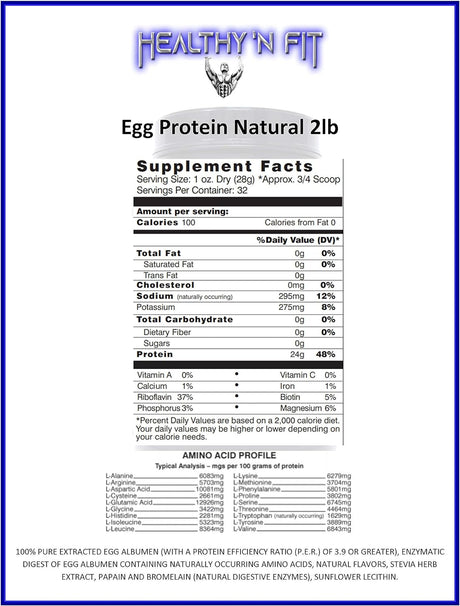 Healthy 'N Fit - 100% Egg Protein (Unflavored & Unsweetened) Natural, 2Lbs, Instant Dried Egg Whites: Great for Baking and Mixing.