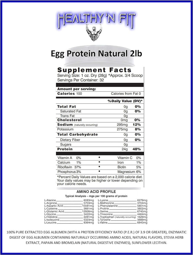 Healthy 'N Fit - 100% Egg Protein (Unflavored & Unsweetened) Natural, 2Lbs, Instant Dried Egg Whites: Great for Baking and Mixing.