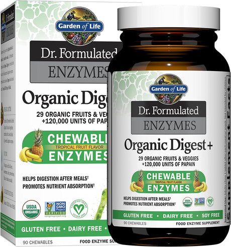 Dr Formulated Digestive Enzymes with Papain, Bromelain, Lipase for Digestion & Nutrient Absorption – Organic Digest+ - Vegan, Gluten-Free, Non-Gmo, Tropical Fruit Flavor, 90 Chewables