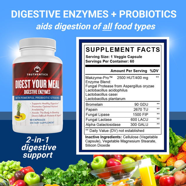 Truthentics Digestive Enzymes with Probiotic (2-Pack) - Better Digestion (Lipase, Lactase, Protease, Bromelain), Gas Bloating Constipation Relief for Men & Women - 120 Capsules