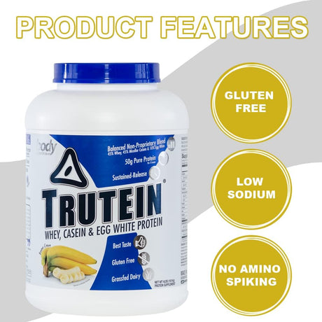 Body Nutrition Protein Powder - Trutein Banana Cream 4Lb Whey, Casein & Egg White - Natural Low Carb Keto Friendly Drink - Zero Sugar - Lean Muscle Builder, Weight Loss, Workout, Recovery