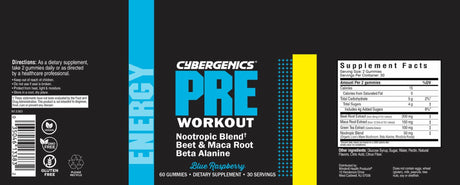 Cybergenics Pre Workout Gummies, Supports Energy Levels, Boosts Performance, Beta Alanine, Green Tea Extract, Nootropic Blend for Focus, Natural Beet Root, Blue Raspberry, 60 Gummies, 30 Servings