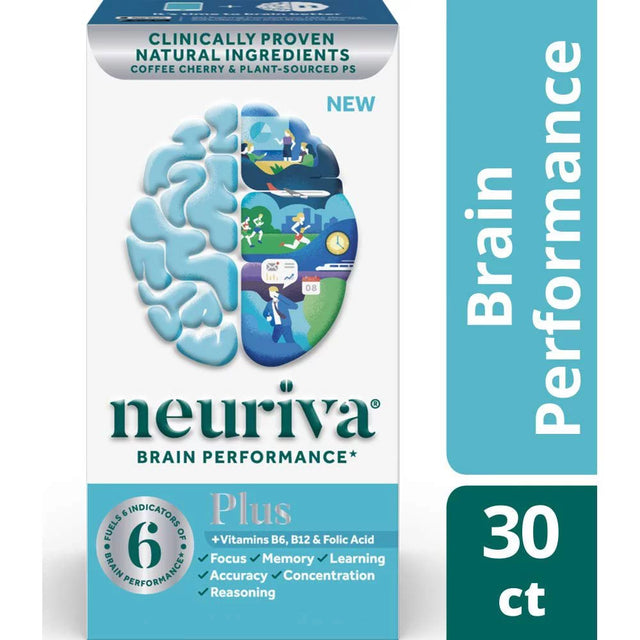 Brain Support Supplement - NEURIVA plus (30 Count in a Bottle), plus B6, B12 & Folic Acid, Supports 6 Indicators of Brain Performance: Focus, Memory, Learning, Accuracy, Concentration & Reasoning