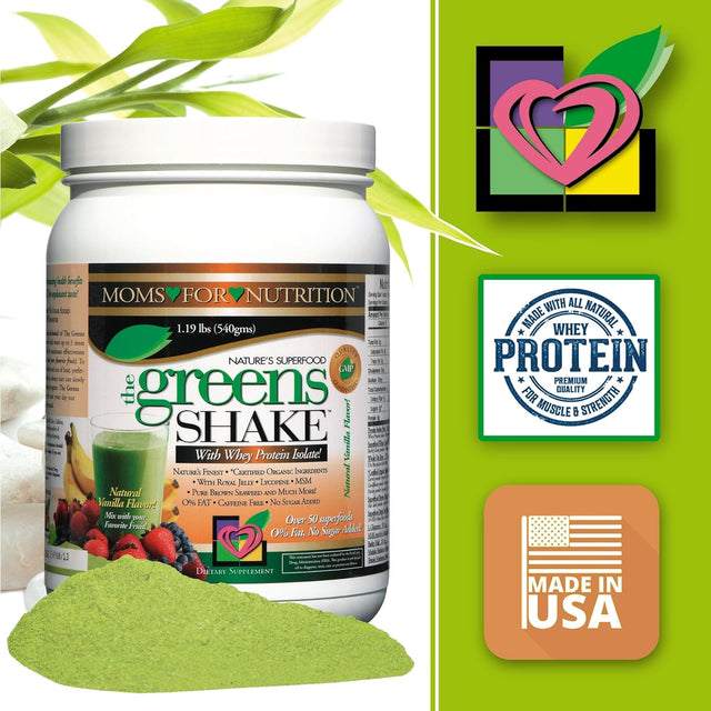 Greens Shake Powder Drink by Moms for Nutrition with Whey Protein Isolate and Concentrated Fruit and Vegetable Extracts