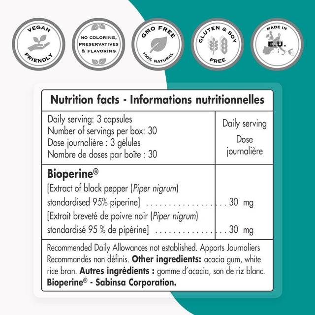 Supersmart - Bioperine 30 Mg per Day - 95% Piperine Supplement - Black Pepper Extract - Enhance Absorption | Non-Gmo & Gluten Free - 90 Vegetarian Capsules