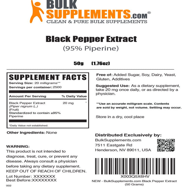 Bulksupplements.Com Black Pepper Extract Powder, 20Mg - Promotes Heart Health (50G - 2500 Servings)