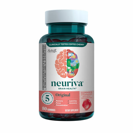 NEURIVA Original Brain Supplement for Memory, Focus & Concentration + Learning & Accuracy with Clinically Tested Nootropics Phosphatidylserine and Neurofactor, Caffeine Free, 50Ct Strawberry Gummies