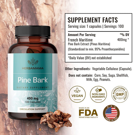 HERBAMAMA Pine Bark 100 Caps - French Maritime Pine Bark Extract for Heart Health & Blood Pressure Support