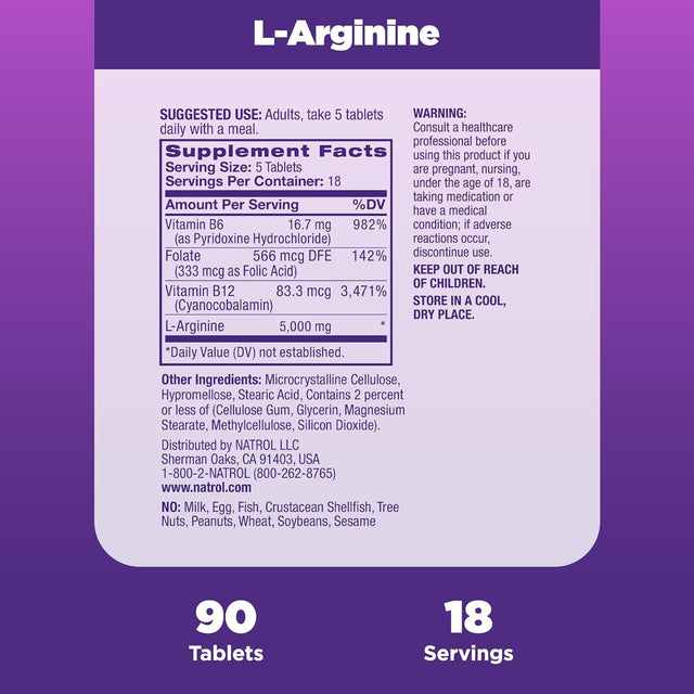 Natrol L-Arginine Tablets, Promotes Stamina and Performance, Supports Sexual and Vascular Health, Contains Nitric Oxide with B Vitamin Complex, Amino Acid, Extra Strength, 3,000Mg, 90 Count