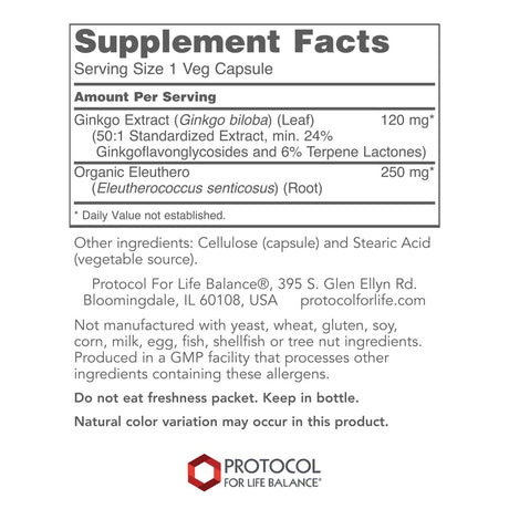 Protocol Ginkgo Biloba with Eleuthero Herbal Supplements - Circulation, Brain Support - 100 Veg Caps