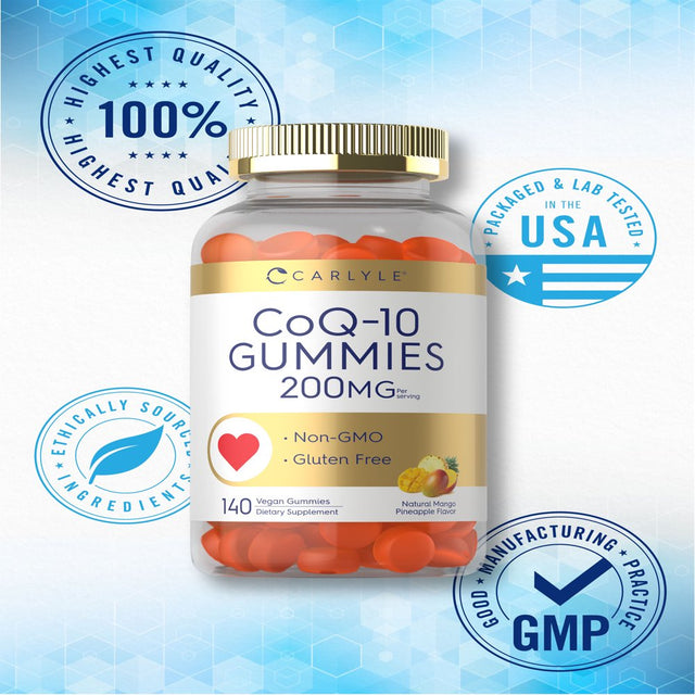 Coq10 Gummies 200 Mg | 140 Count | Natural Mango Pineapple Flavor | Vegan Formula | by Carlyle