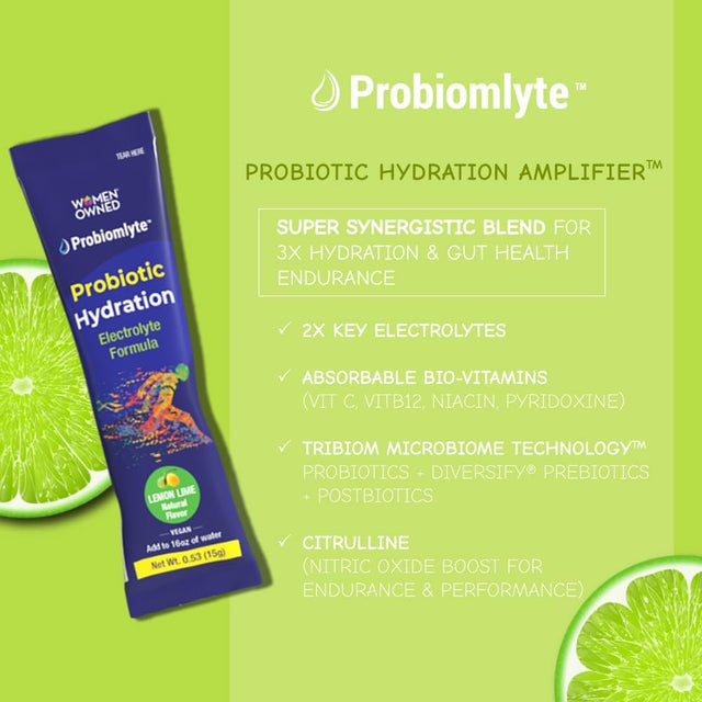 Probiomlyte Probiotic Hydration Amplifier. Electrolytes + Key Vitamins + Probiotics + Prebiotics + Postbiotics + Citrulline | Better Endurance, Performance, Energy, Gut Health | Lime Lemon | 10 Sticks